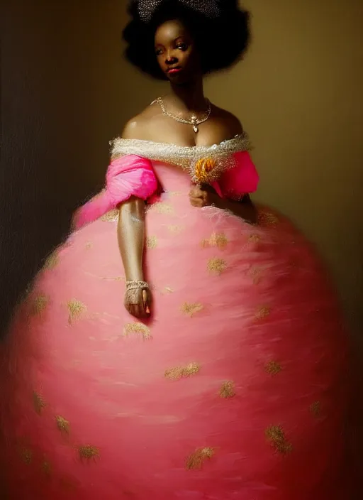 Image similar to stunning african princess, detailed pink and white protea inspired gown against a black backdrop by ivan aivazovsky, wlop, oil painting, beautiful soft lighting, vintage, rococo, muted colours, artstation