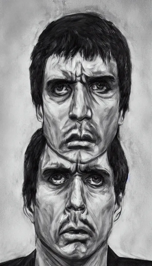 Prompt: close up. perfect symmetric face, coherent symmetric eyes. detailed face. portrait of tony montana from movie scarface. angry face. contrast colors