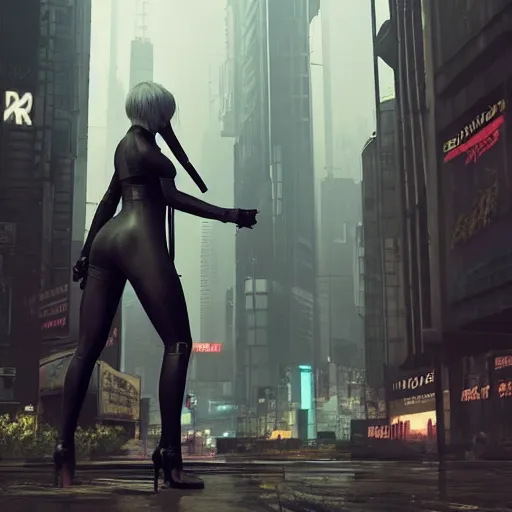 Prompt: new york city portrait of 2B nier automata wearing skin tight clothes muzzle gloomy rainy screenshot from the video game cyberpunk 2077 digital art by Greg Rutkowski, Simon Stalenhag, christopher nolan trending on Artstation, CGSociety