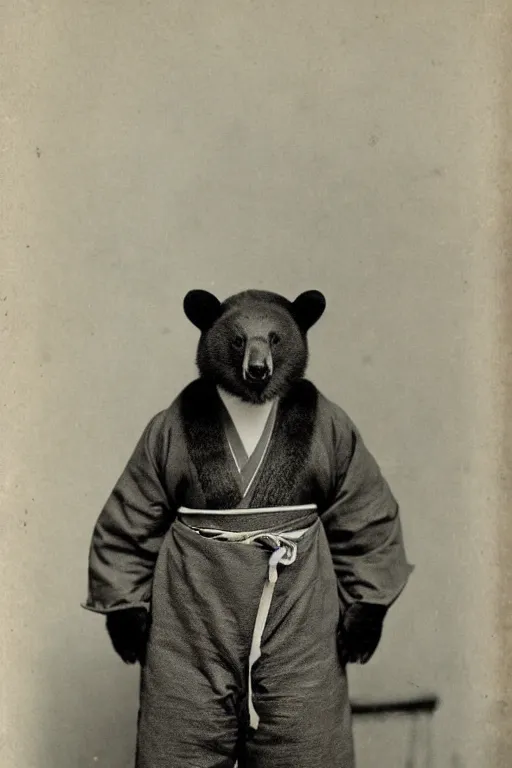 Image similar to anthropomorphic asian black bear in traditional Japanese mens clothing, 1900s photo