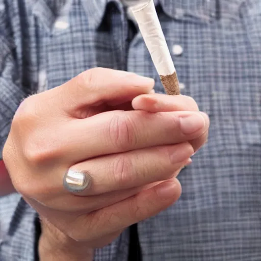 Image similar to a normal male hand with a five-finger ring and a cigarette-shaped pencil between the middle and index fingers