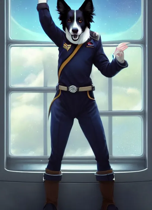 Image similar to wide angle beautiful full body portrait of a cute male anthropomorphic border collie fursona wearing a starfleet uniform on a starship and posing in front of a window, character design by charlie bowater, henry asencio, and ross tran, furry art, furaffinity, scenic background, beautiful, glamor pose, detailed, trending on artstation