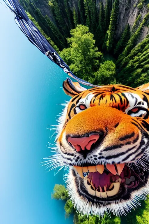 Image similar to realistic hairy tiger attached to a large open balloon parachute in the middle of the air jumping from a mountain cliff. photo captured by a drone. wide angles lens. epic