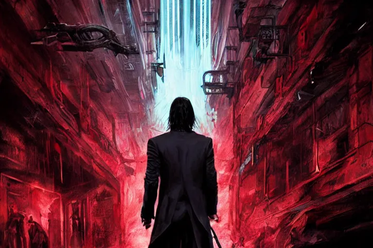 Image similar to keanu reeves as john wick, doom eternal concept art, killing demons, cinematic