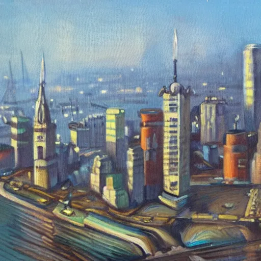 Prompt: a 1 9 4 3 oil painting of a city, google parti resolution