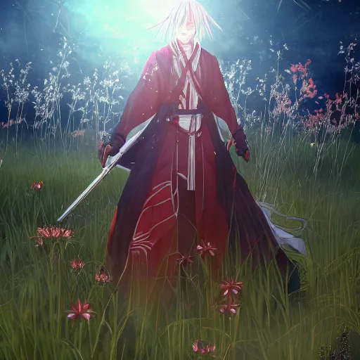 Image similar to portrait of odu nobukatsu burning in the field of spider lilies, anime fantasy illustration by tomoyuki yamasaki, kyoto studio, madhouse, ufotable, square enix, cinematic lighting, trending on artstation