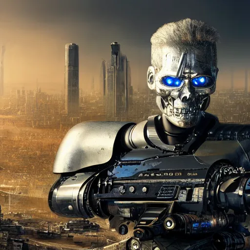 Image similar to highly detailed portrait of a terminator with borg enhancements, 8k. There is a dystopian city in the background