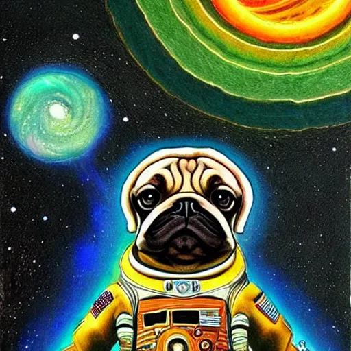 Prompt: pencil art, golden - ratio, spirals, highly detailed, psychedelic astronaut pug in outer space by davinci.