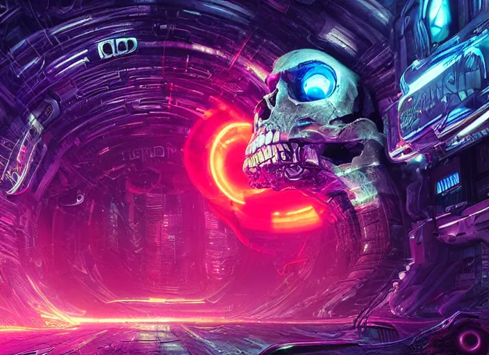 Prompt: a futuristic skull with glowing eyes and a wormhole tunnel, cyberpunk art by android jones, artstation hd, computer art, darksynth, synthwave, rendered in cinema 4 d