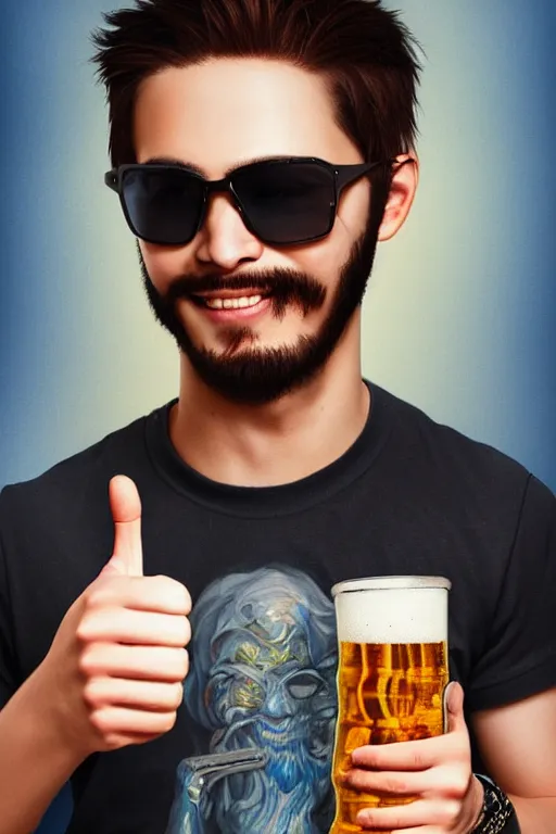 Image similar to a young man wearing raybands holding a beer giving a thumbs up with a long beard, real life skin, intricate, elegant, highly detailed, artstation, concept art, smooth, sharp focus, airbrush painted, art by ross tran