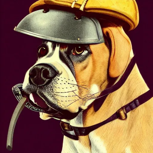 Image similar to illustration of boxer dog with military helmet and cigar in mouth, ww 2