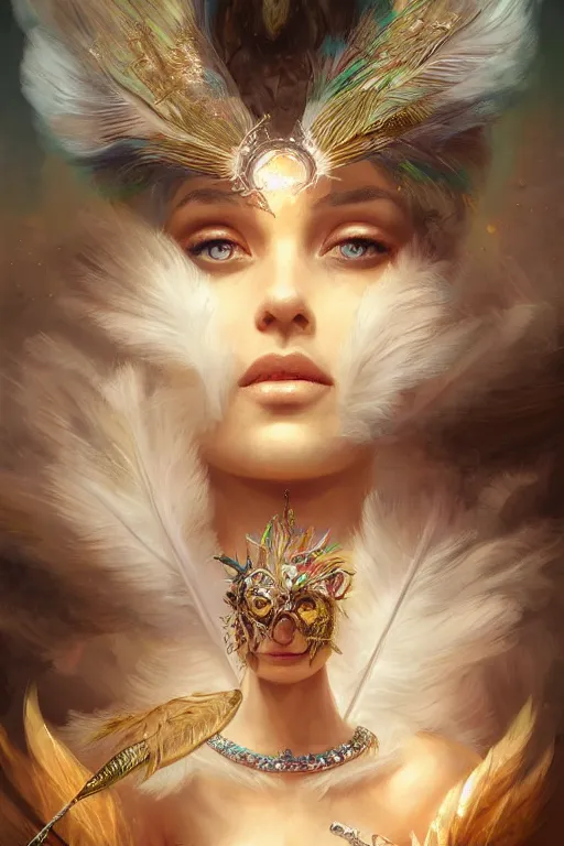 Image similar to face closeup of a beautiful model wearing feather mask, casting magic spell holding diamonds, angel, fantasy, dramatic lighting, highly detailed, digital painting, holding electricity, magic the gathering, hyper detailed, 3 d render, hyper realistic detailed portrait, peter mohrbacher, wlop, ruan jia