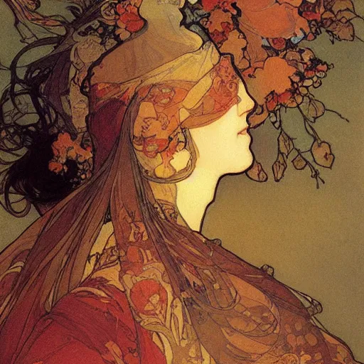 Image similar to woman's sideface, beautiful background, by alfons maria mucha, highly detailded