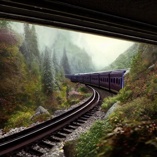 Prompt: a train moving at high speed heading into the tunnel of a tall mountain surrounded by forest on a rainy day at dusk, people are fighting on top of the train, concept art, digital art, matte painting, artstation, art by artgerm and greg rutkowski and alphonse mucha, highly detailed, intricate, octane render, 8 k, unreal engine