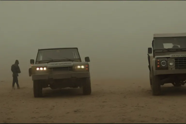 Image similar to A cinematic film still of a Land Rover in the movie Blade Runner: 2049.