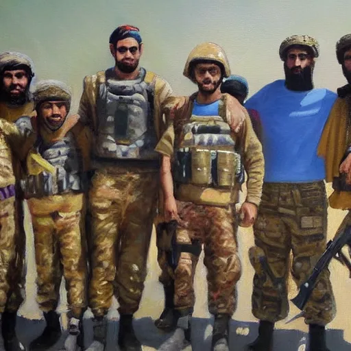 Image similar to A painting of Barney posing with ISIS soldiers in syria, detailed