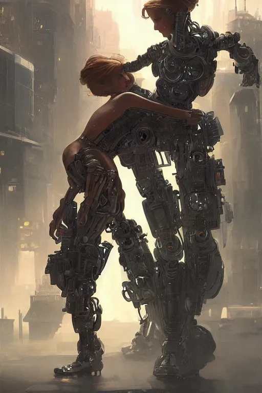 Image similar to Ultra realistic illustration,robot carries a woman in his arms, cyberpunk, sci-fi, fantasy, intricate, elegant, highly detailed, digital painting, artstation, concept art, smooth, sharp focus, illustration, art by artgerm and greg rutkowski and alphonse mucha