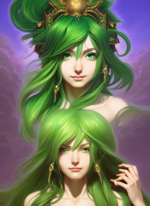 Image similar to portrait, head and body only, palutena, green hair, concept art, digital illustration, by rossdraws, frank franzzeta, intricate, masterpiece, elegant, hyper detailed, artstation, unreal engine rendered, concept art, smooth, sharp focus, illustration, art by artgerm and greg rutkowski and alphonse mucha and garis edelweiss