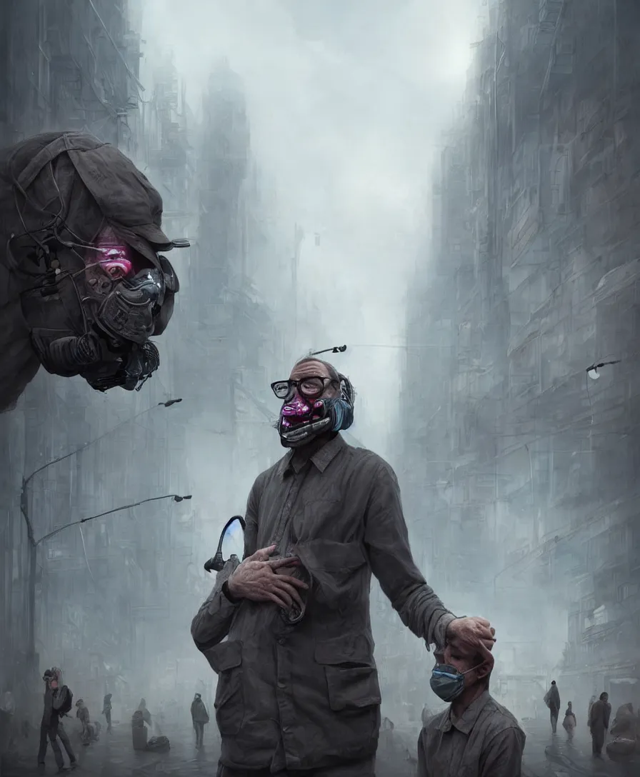 Prompt: a man suffering due to high air pollution in future, concept art, digital painting, people are wearing masks, wide angle shot, in the style of greg rutwoski, very hyper realistic, highly detailed, fantasy art station