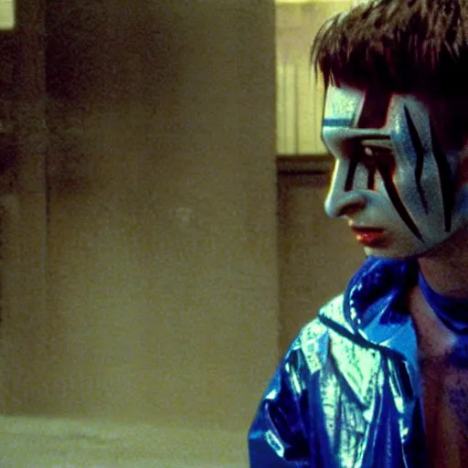 Image similar to cinematic portrait of a runaway replicant with tribal facepaint and a blue transparent plastic raincoat in an empty room, still from the movie bladerunner, fashion photography