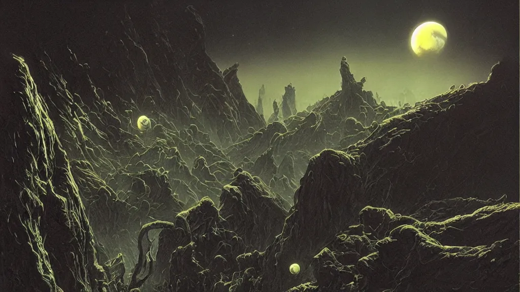 Image similar to eerie atmospheric alien worlds by michael whelan and bernie wrightson, epic cinematic matte painting