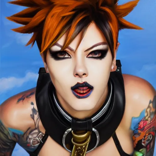 Prompt: oil painting of punk tracer overwatch in a field wearing very large black leather belt choker collar around neck, in style of mark arian, expressive face, very detailed face, very detailed eyes, full body, feminine face, detailed makeup on eyes, tracer overwatch,