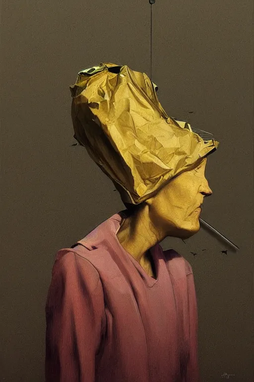 Image similar to a woman wearing a trash bin through her head to catch a trash Edward Hopper and James Gilleard, Zdzislaw Beksinski highly detailed