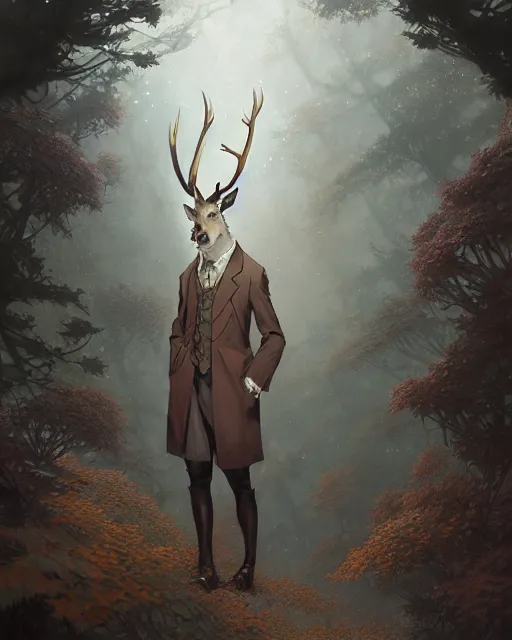 Prompt: anthropomorphic art of a scientist stag, victorian inspired clothing by krenz cushart, artgerm, victo ngai, ryohei hase, artstation. fractal leaves, paper. highly detailed digital painting, smooth, global illumination, fantasy art by greg rutkowsky, karl spitzweg