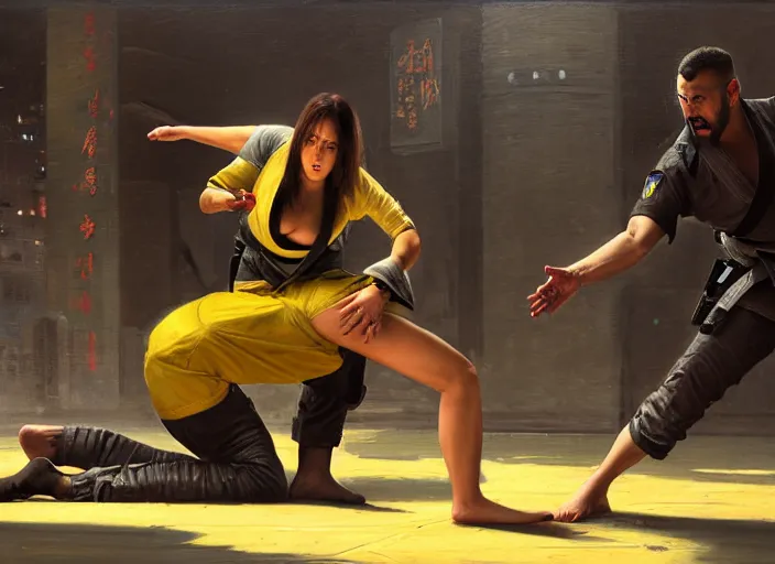 Prompt: jujitsu Nikki defeats sgt Nash. Cyberpunk hacker wearing yellow fighting menacing police troopers (blade runner 2049, cyberpunk 2077). Orientalist portrait by john william waterhouse and James Gurney and Theodore Ralli and Nasreddine Dinet, oil on canvas. Cinematic, hyper realism, realistic proportions, dramatic lighting, high detail 4k