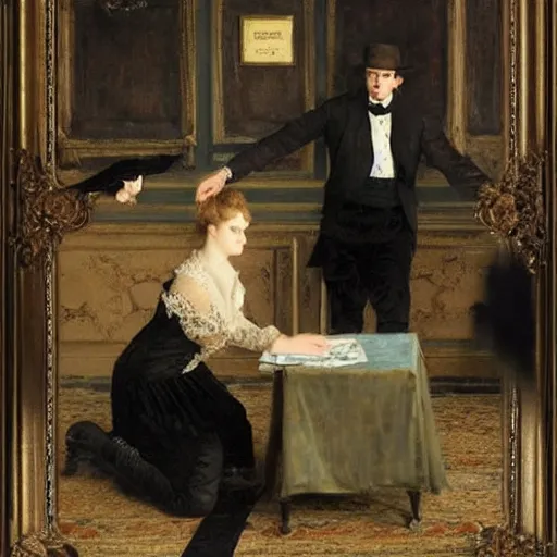 Image similar to young victorian man and woman solving an escape room riddle, painted by alfred stevens