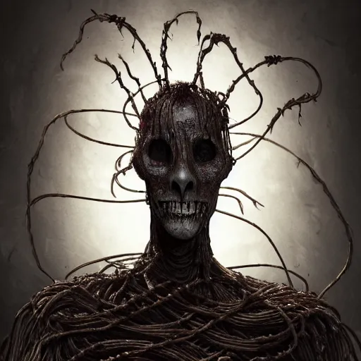 Image similar to a strange eerie scary shadowy figure made of spaghetti, surrounded by demons, mysterious, horror, concept art, detailed, award - winning, cinematic, octane render, 8 k, photorealistic, by emil melmoth, by wayne barlowe