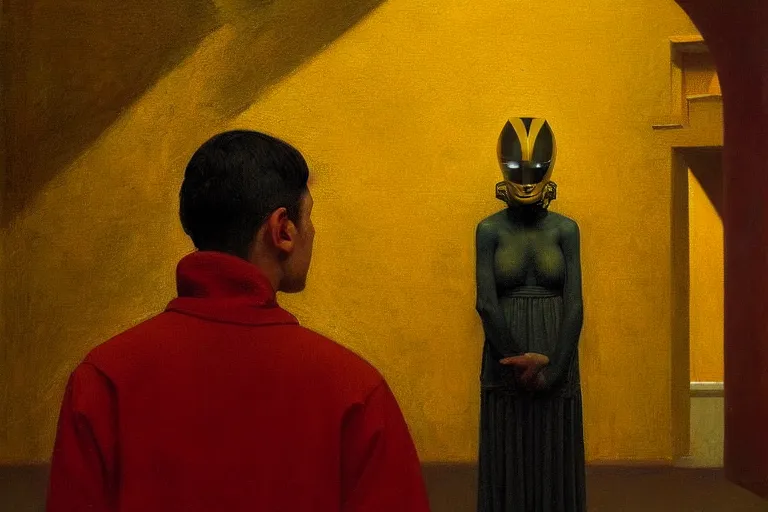 Image similar to portrait, yellow ranger, an exposed picture in a roman theater is trying to be sold by an old man, in the style of beksinski, parts by edward hopper, parts by rodcenko, parts by yue minjun, intricate and epic composition, red by caravaggio, insanely quality, highly detailed, masterpiece, red light, artstation, 4 k