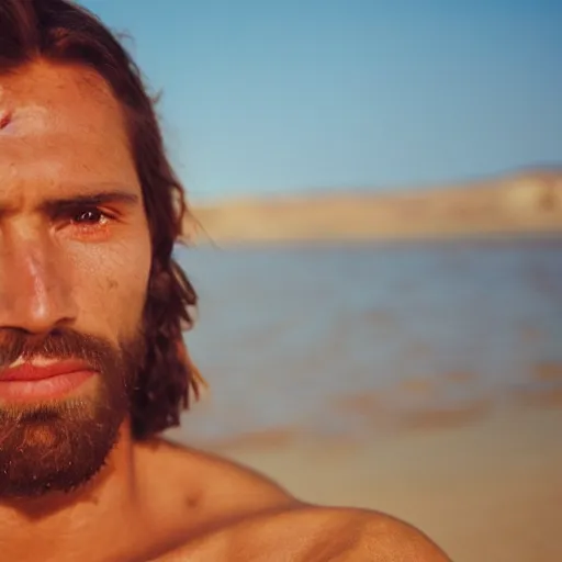 Prompt: close up portrait of jesus christ on a mars beach, kodak gold