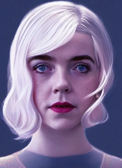 Prompt: portrait of kiernan shipka as sabrina spellman, freckles, white hair, 1 9 6 0 s bob hairstyle, hairstyle with bangs, hairband, intricate, elegant, glowing lights, highly detailed, digital painting, artstation, concept art, smooth, sharp focus, illustration, art by wlop, mars ravelo and greg rutkowski