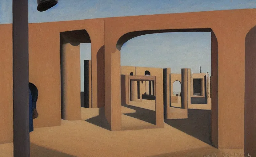 Image similar to first person view of a stark concrete maze, people peering into portholes, grant wood, pj crook, edward hopper, oil on canvas