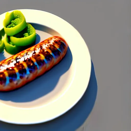 Image similar to realistic 3 d unreal engine render of a half fish half sausage alone on a plate, fish fins on a sausage