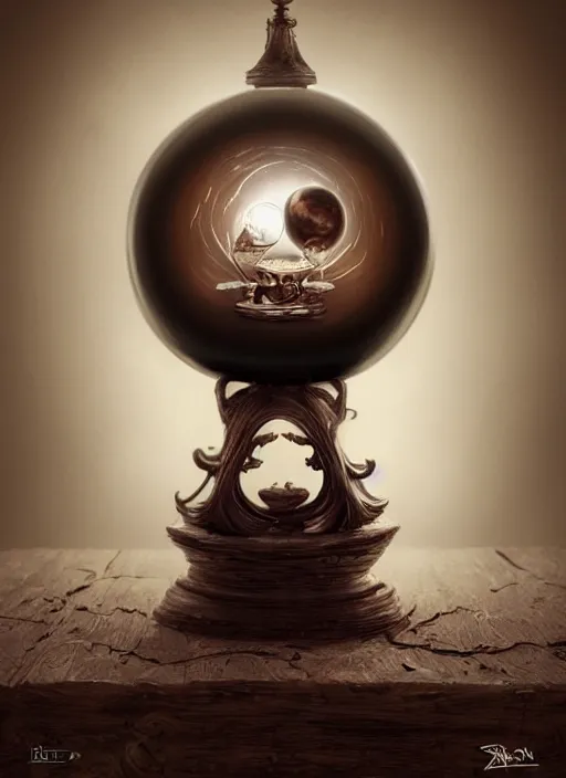 Image similar to crystal ball on a wood stand with a beautiful dreamscape inside, studio product photography, centered, super highly detailed, professional digital painting, artstation, concept art, smooth, sharp focus, extreme illustration, unreal engine 5, photorealism, beautiful, cinematic, art by artgerm and rutkowski and alphonse mucha and loish and wlop