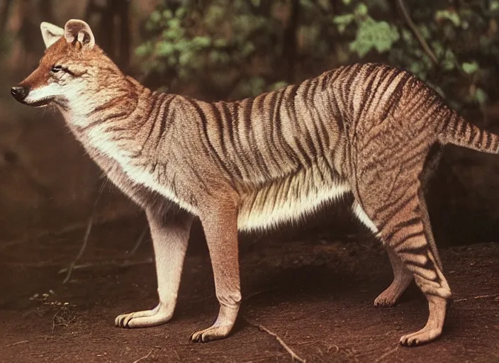 Prompt: photo of a thylacine, distinct animal, thylacine, thylacine, ‘Tasmanian (((tiger)))’, thylacine, detailed fur, long thin tail, long snout, small eyes, marsupial, drinking water from a lake, Australia, HD, National Geographic,