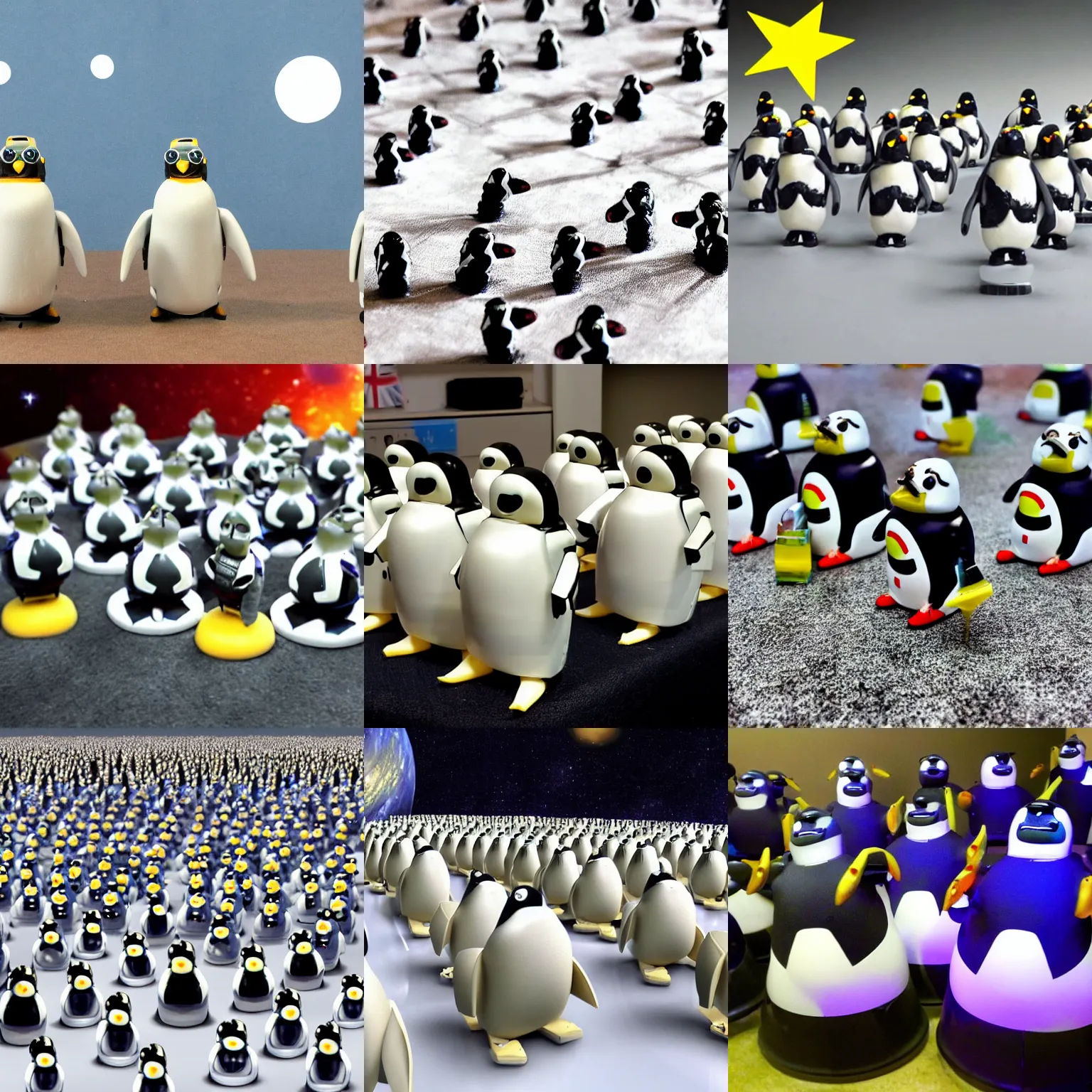 Prompt: army of robotic space penguins, on planet, standing on swiss cheese, invasion, hyper-realistic