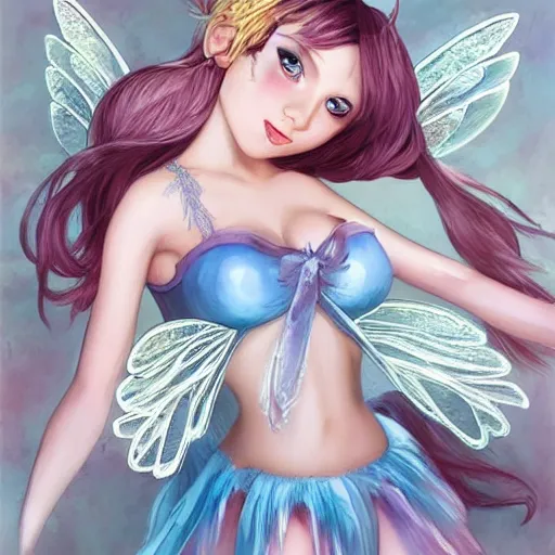 Image similar to very very very beautiful fairy princess with fairy wings, bare midriff, one foot raised off the ground, full body portrait, eye contact, smiling, flirty, perfect face, perfect body, drawn by artgerm