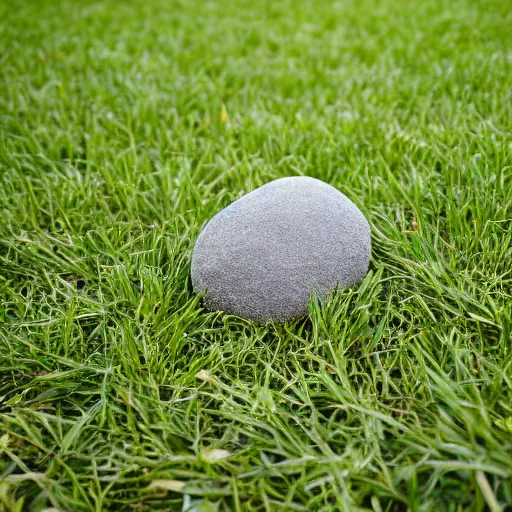 Prompt: a round shaped rock rolling fastly on grass