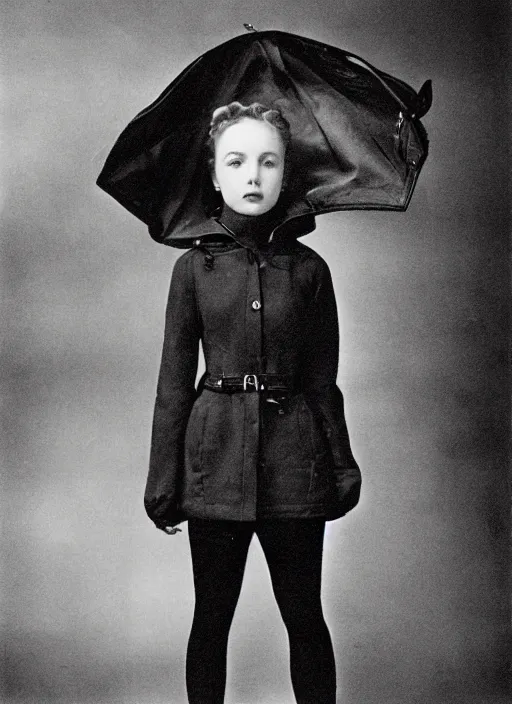 Prompt: portrait of a beautiful girl wearing an anorak designed by balenciaga russian comunist propaganda 1 9 4 0