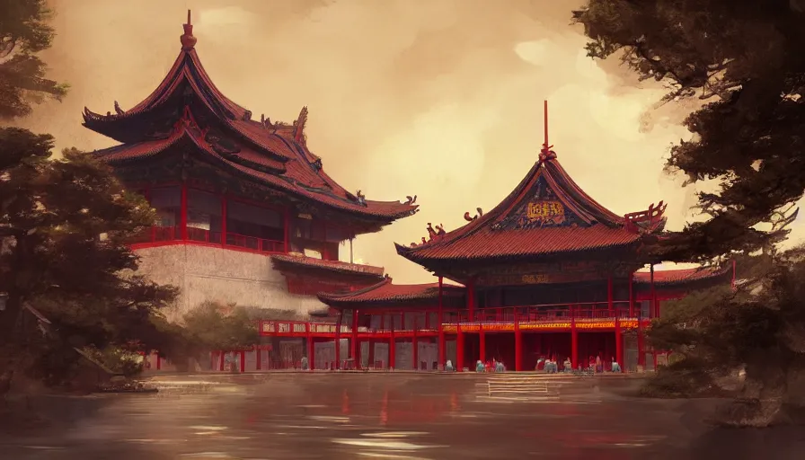 Image similar to enviroment concept art of chinese temple by jama jurabaev, cinematic shot, brush hard, artstation, for aaa game, high quality, brush stroke