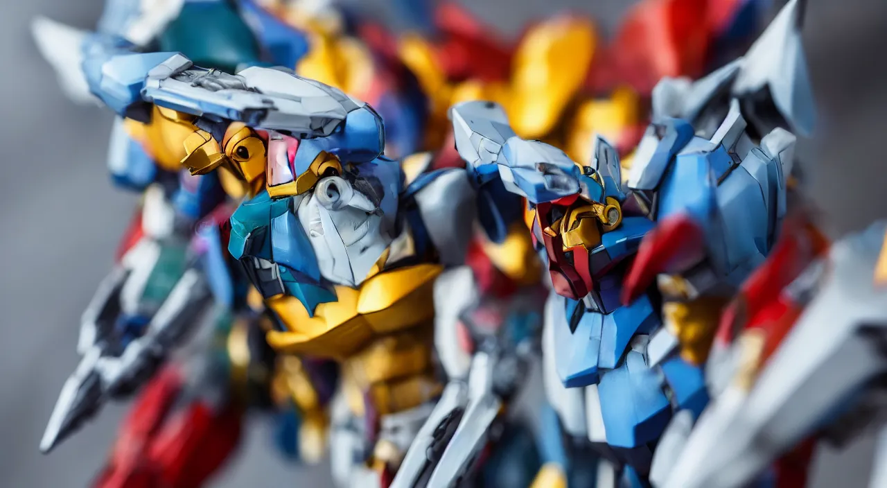 Image similar to medium close up view, Gundam,Guyver,colourful,bokeh,blur,cinematic lighting