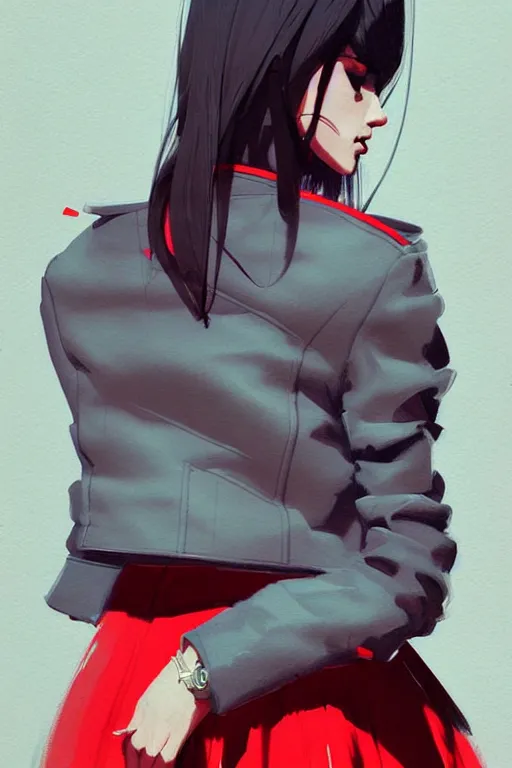 Image similar to a ultradetailed painting of a stylish woman wearing a grey jacket with red skirt, by conrad roset, greg rutkowski and makoto shinkai trending on artstation