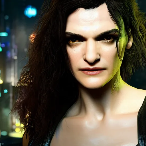 Prompt: rachel weisz portrait, Cyberpunk 2077, cyberpsycho, photorealistic, ultra detailed, neon, octane, bokeh, cyber, cyberpunk city, feature, scars, cyberface, 8k