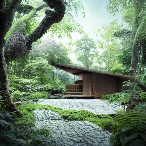 Image similar to a beautiful 3d renderings of a little huse in a jungle, architecture by Kengo Kuma. Architectural photography, 14mm, cinematic photography, high resolution 4k, cg architects, vray