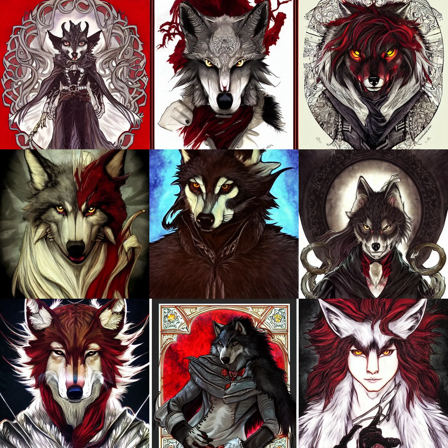 Prompt: a portrait of an anthropomorphic wolf, furry fursona, black cape, long fangs, by ayami kojima, castlevania symphony of the night, correct wolf muzzle, full body, large red eyes!!!, alphonse mucha, intricate