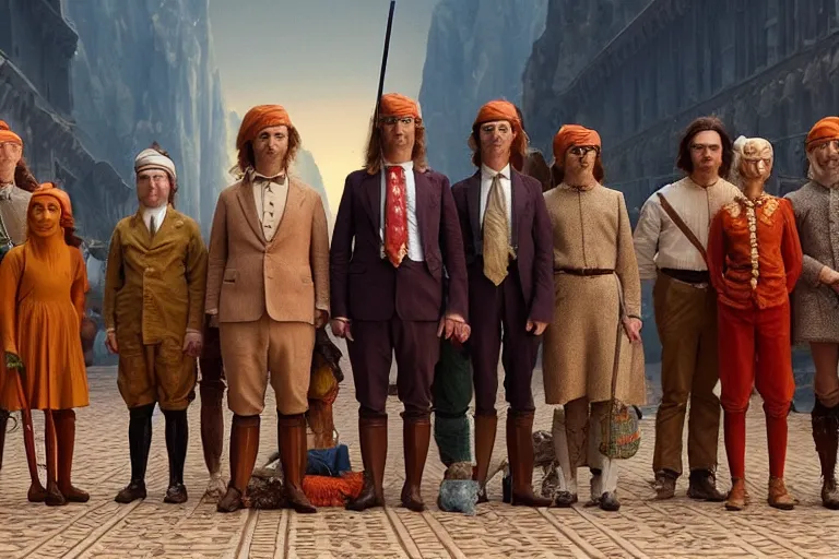 Prompt: A group of 5 adventurers lined up for a group portrait, Screenshot of Wes Anderson's New High Fantasy Movie, directed by Wes Anderson, Chest high, Photo realistic, Regal, Formal, Cinematic, Symmetrical, Satisfying dynamic lighting, Highly Detailed, Cinematic Lighting, 8k, HD