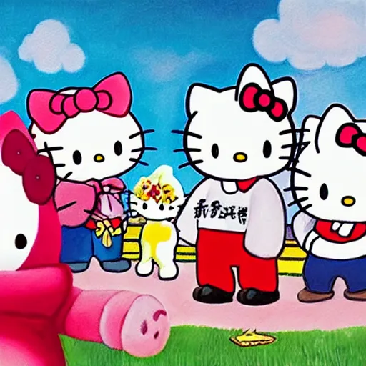 Prompt: painting of hello kitty and hello kitty friends and sanrio characters and playing outside on a sunny day, adventures of hello kitty and friends, by makoto shinkai, by sanrio